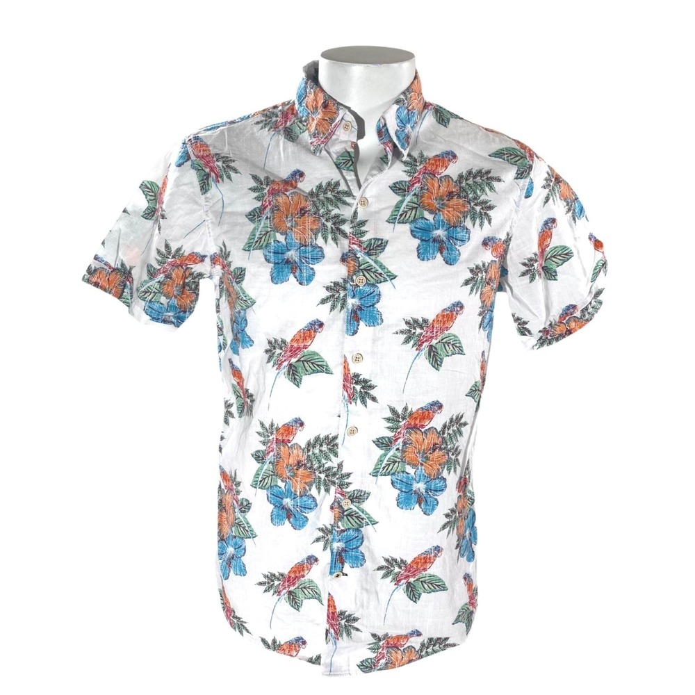Izod Saltwater Hawaiian Aloha Shirt Mens Medium Birds Plumeria Reverse Print